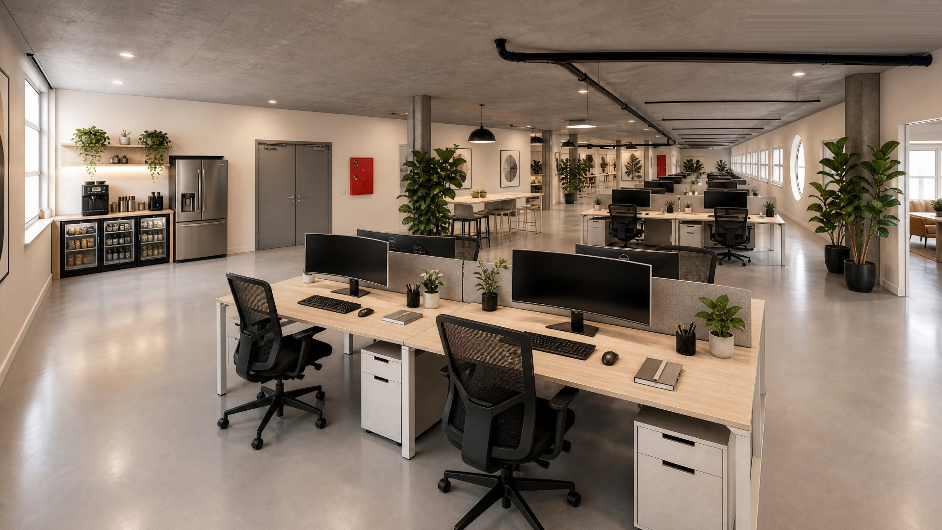 Kontorlandskab med arbejdspladser og kaffestation