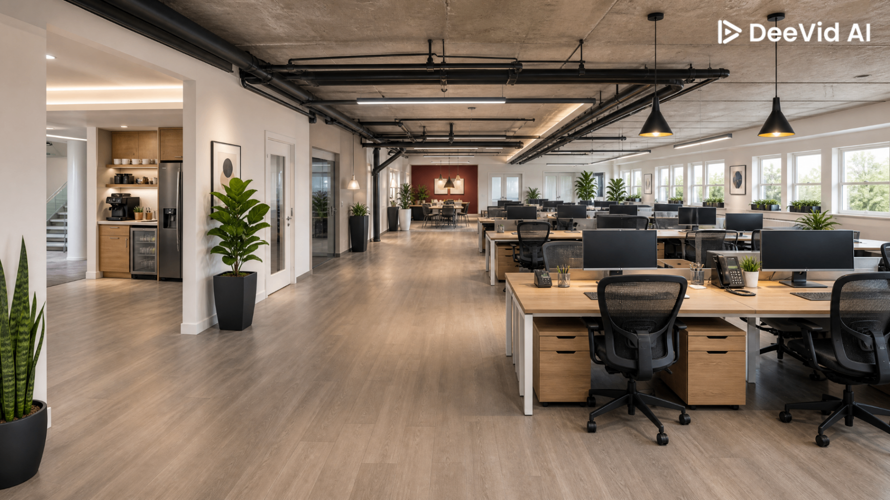 Kontorområde med arbejdspladser og lounge