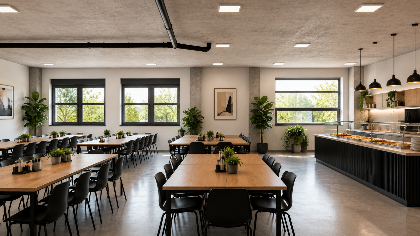 Kantine med spiseområde og buffet