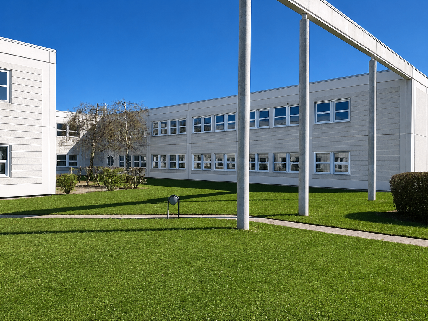 Indre gårdrum med søjler og facade